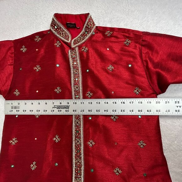 Vintage Satellite Mens Red Embellished Long Kurta Size 14 Long Sleeve Pockets - Picture 9 of 14